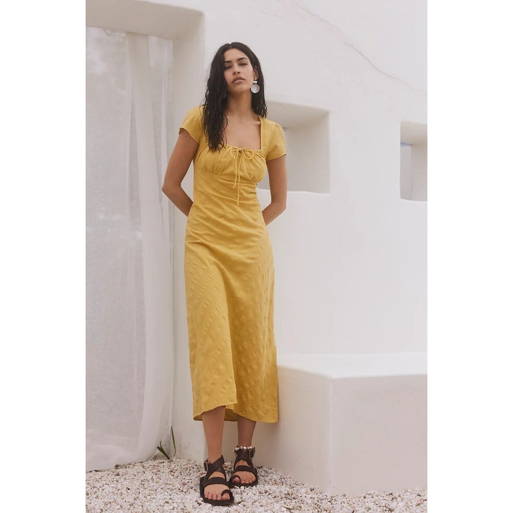 271355 Free People Free-est Natalya Solid Midi Dress Smocked Cotton Ruched S NWD